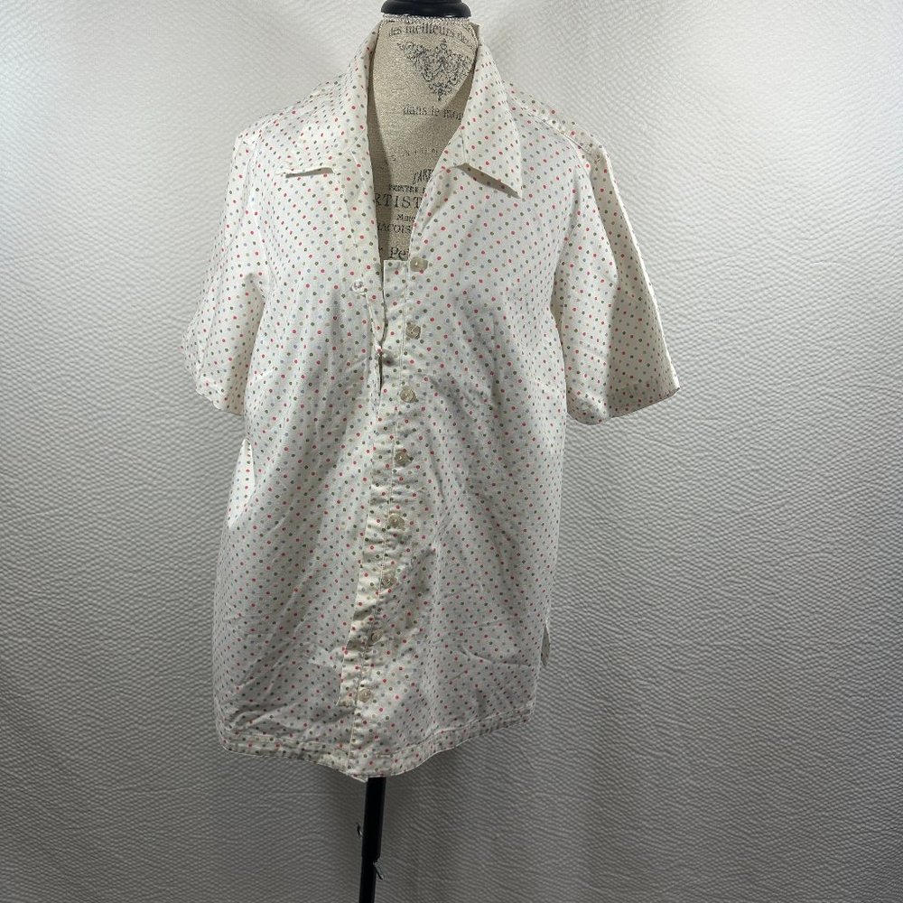 Vintage Liz Claiborne Mid Tone Polka Dot Button Down loop closure short sleeve